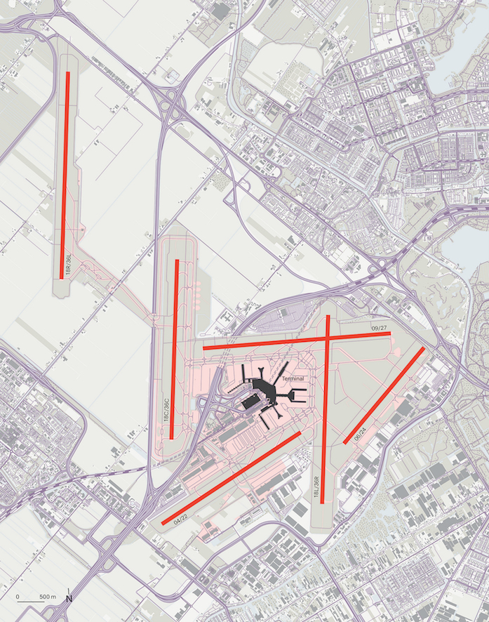 Local urban context and airport layout of Amsterdam Schiphol airport